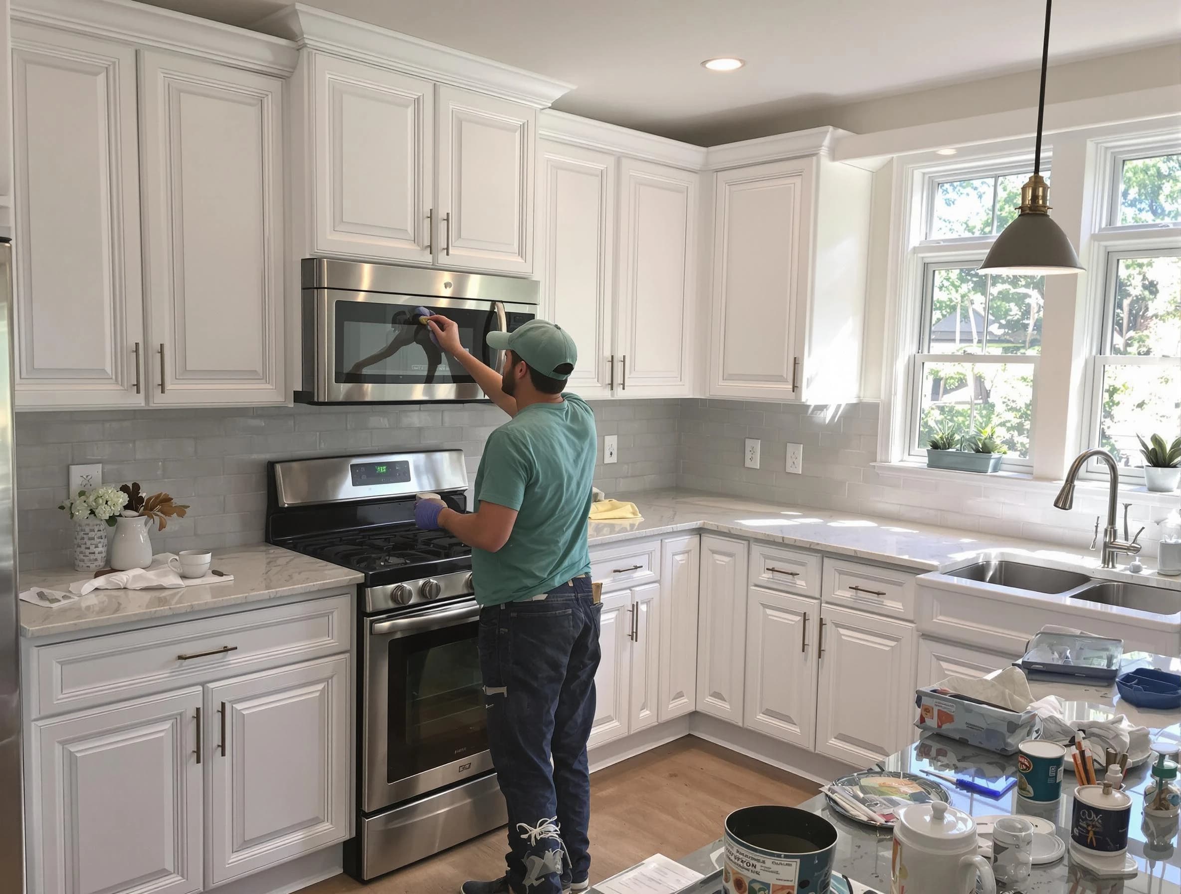 Kitchen cabinets being refinished by Willowick House Painters in Willowick, OH