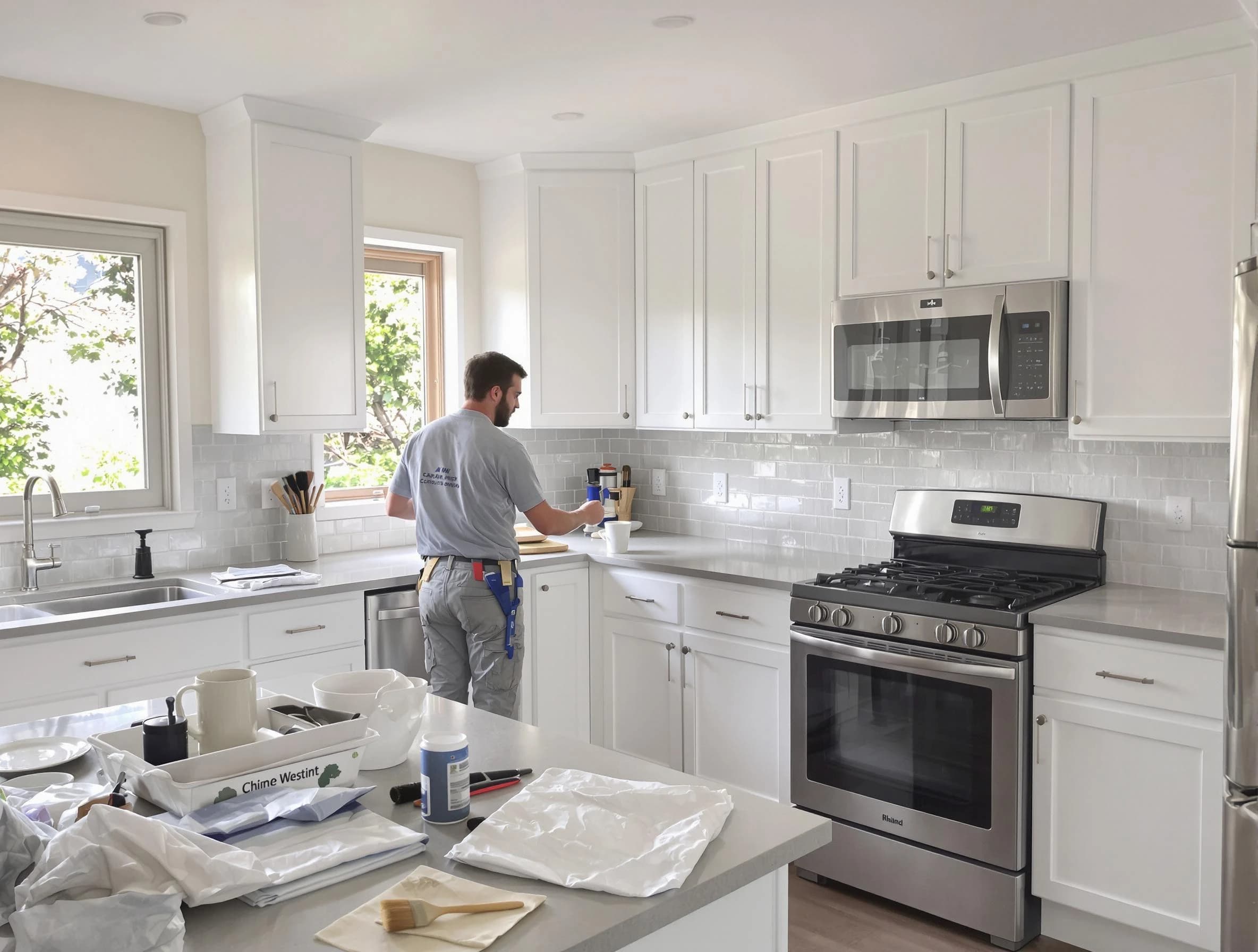 Willowick House Painters applying fresh paint on kitchen cabinets in Willowick