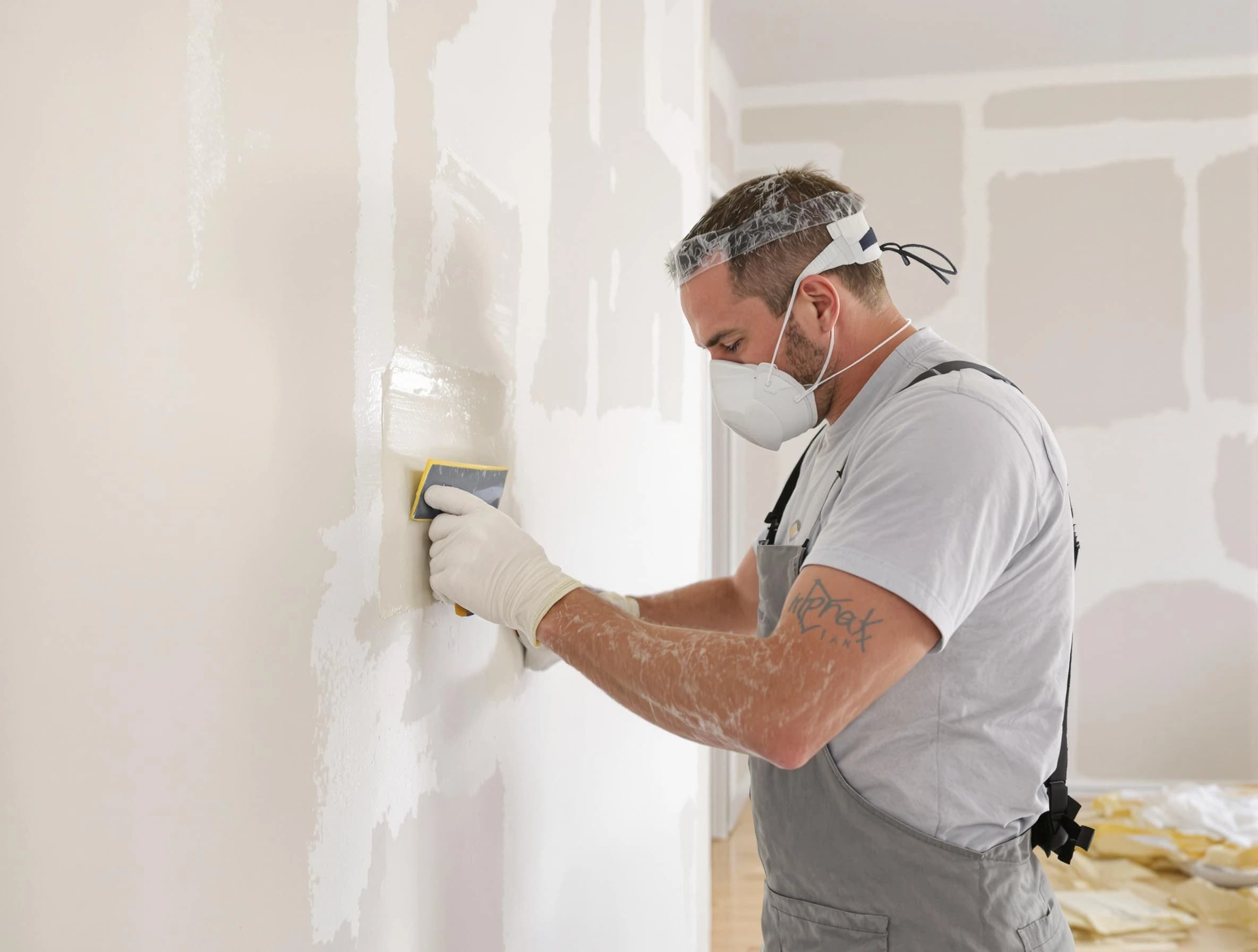 Willowick House Painters technician applying mud to drywall seams in Willowick, OH